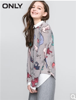 ONLY2017早春新品宽松猫咪图案假两件针织衫女L|117124507 G43花灰 170/88A/L